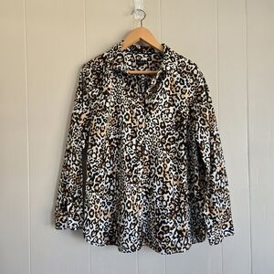Talbots Animal Cheetah Print Button Up Shirt Blouse XL Black Brown Chic Classic